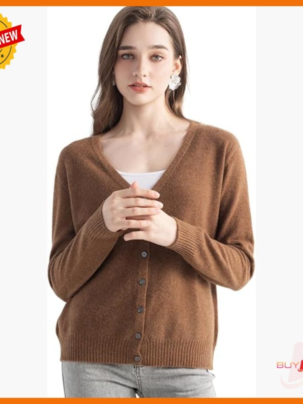 100% Pure Cashmere Cardigan V-Neck Long Sleeve Soft Knit Sweater